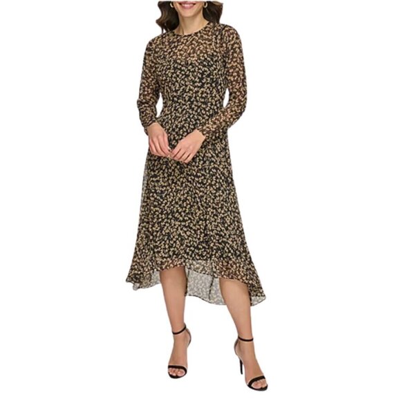 Marc New York NWT Long Sleeve Leaf Fit + Flare Dress in Black Tannin Sz 18 - Picture 1 of 12